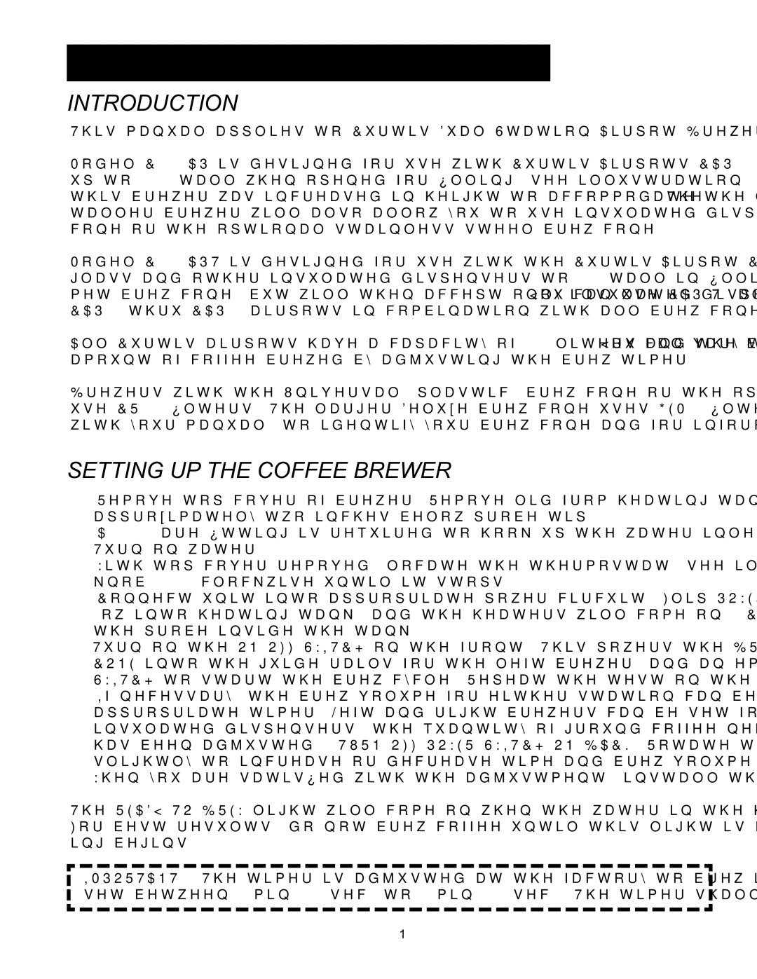 Wibur Curtis Company C1000APT service manual Introduction, Setting UP the Coffee Brewer 