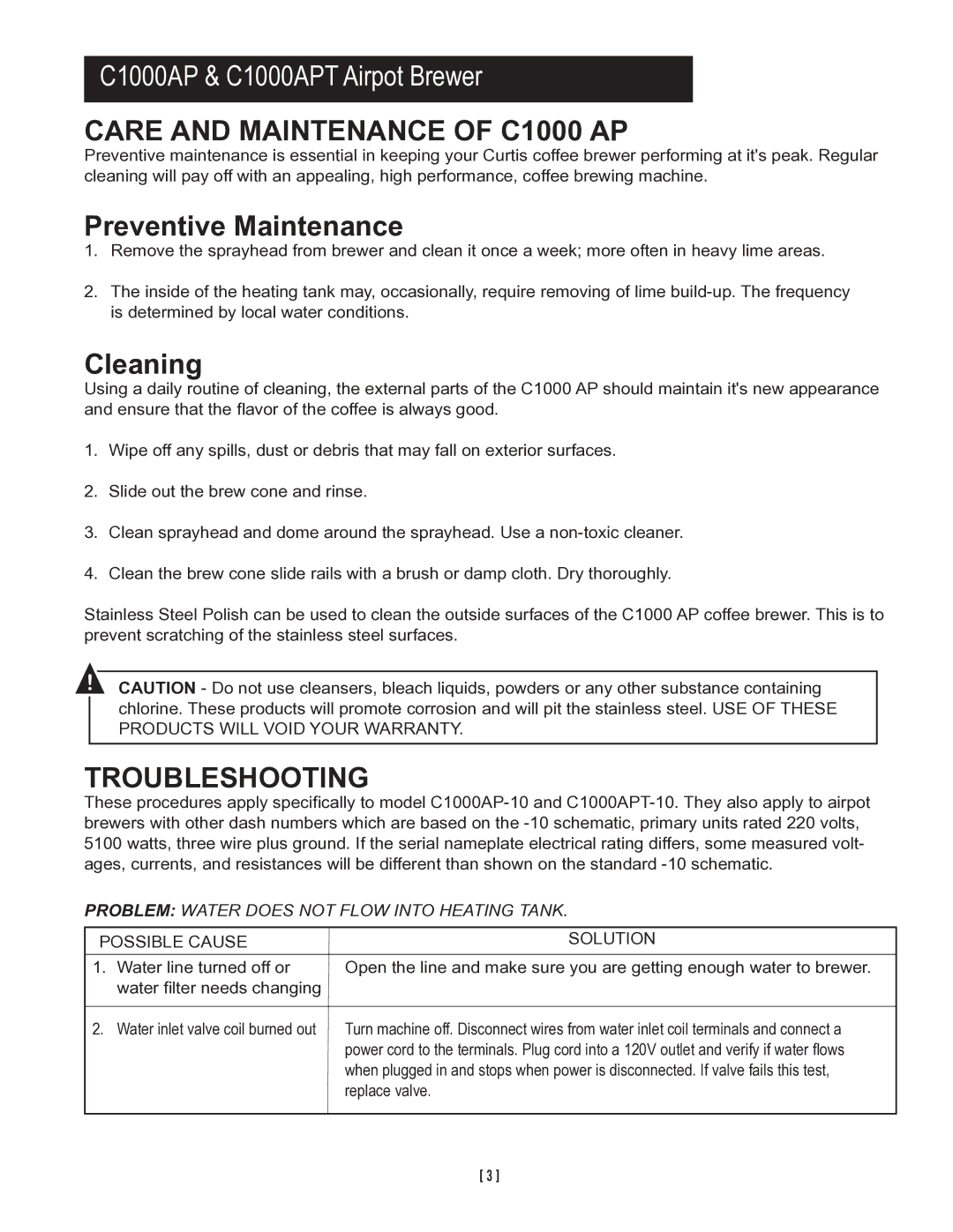 Wibur Curtis Company C1000APT service manual Care and Maintenance of C1000 AP, Troubleshooting 