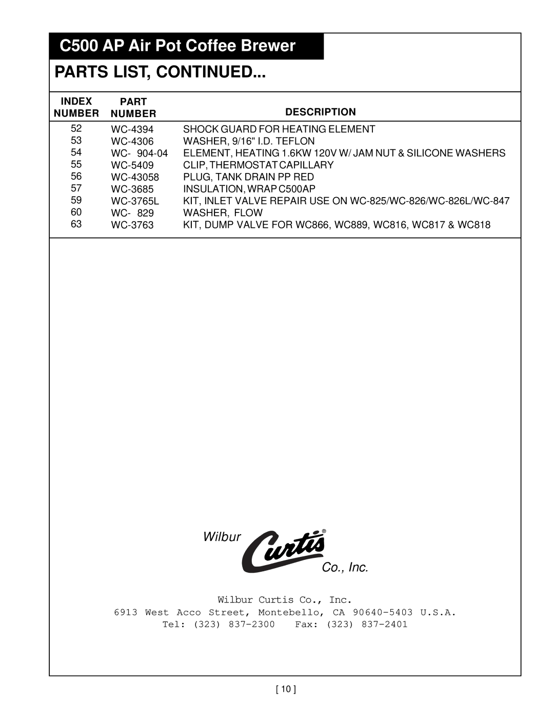 Wibur Curtis Company C500APT service manual Wilbur Co., Inc 