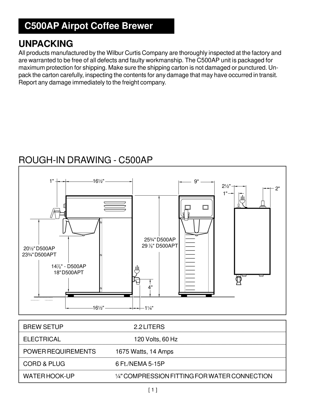 Wibur Curtis Company C500APT service manual Unpacking, ROUGH-IN Drawing C500AP 