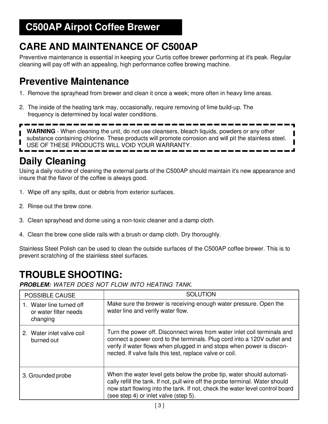 Wibur Curtis Company C500APT service manual Care and Maintenance of C500AP, Trouble Shooting 