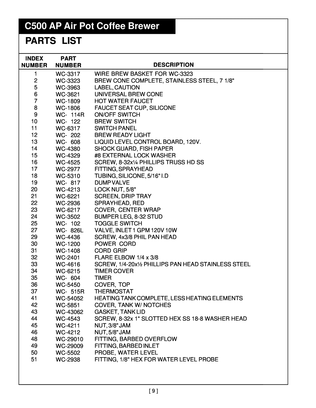Wibur Curtis Company C500APT service manual Parts List, C500 AP Air Pot Coffee Brewer, Index, Description, Number 
