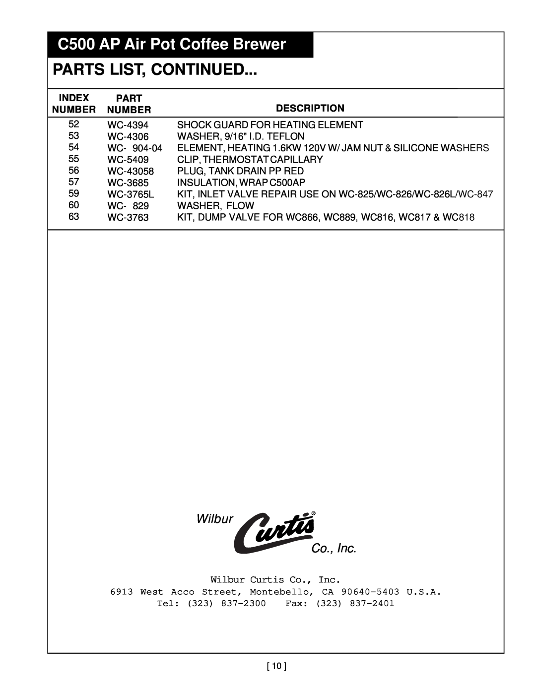 Wibur Curtis Company C500APT Parts List, Continued, Wilbur Co., Inc, C500 AP Air Pot Coffee Brewer, Wilbur Curtis Co., Inc 