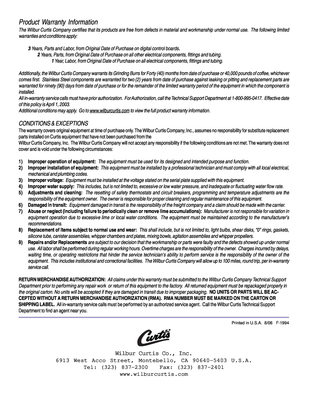 Wibur Curtis Company C500APT service manual Product Warranty Information, Wilbur Curtis Co., Inc, Tel, Fax 