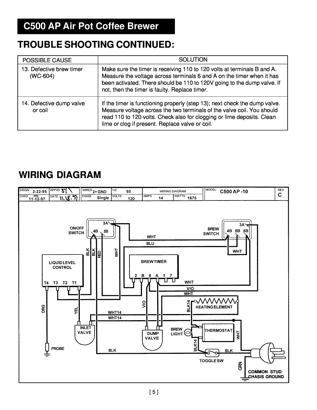 Wibur Curtis Company C500APT service manual Wiring Diagram, C500 AP Air Pot Coffee Brewer, Trouble Shooting Continued 