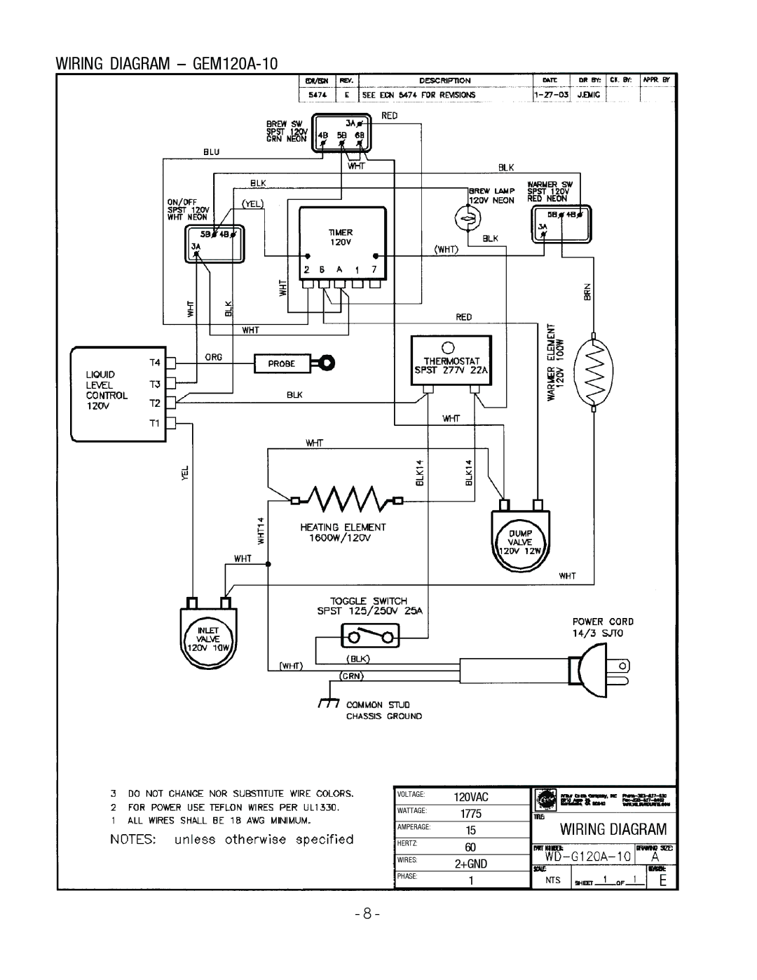 Wibur Curtis Company CA 90640 warranty Wiring Diagram GEM120A-10 