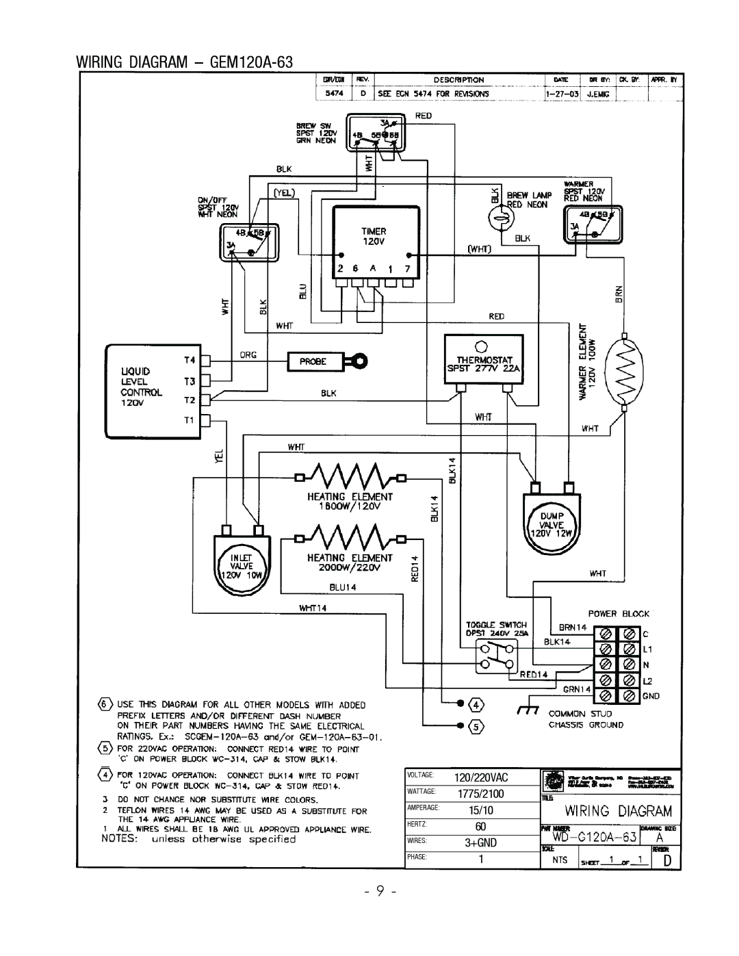 Wibur Curtis Company CA 90640 warranty Wiring Diagram GEM120A-63 