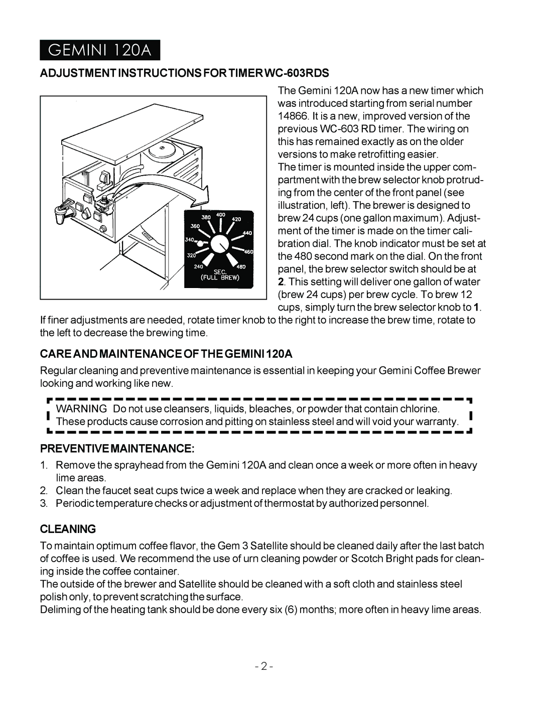 Wibur Curtis Company CA 90640 warranty ADJUSTMENTINSTRUCTIONSFORTIMERWC-603RDS 