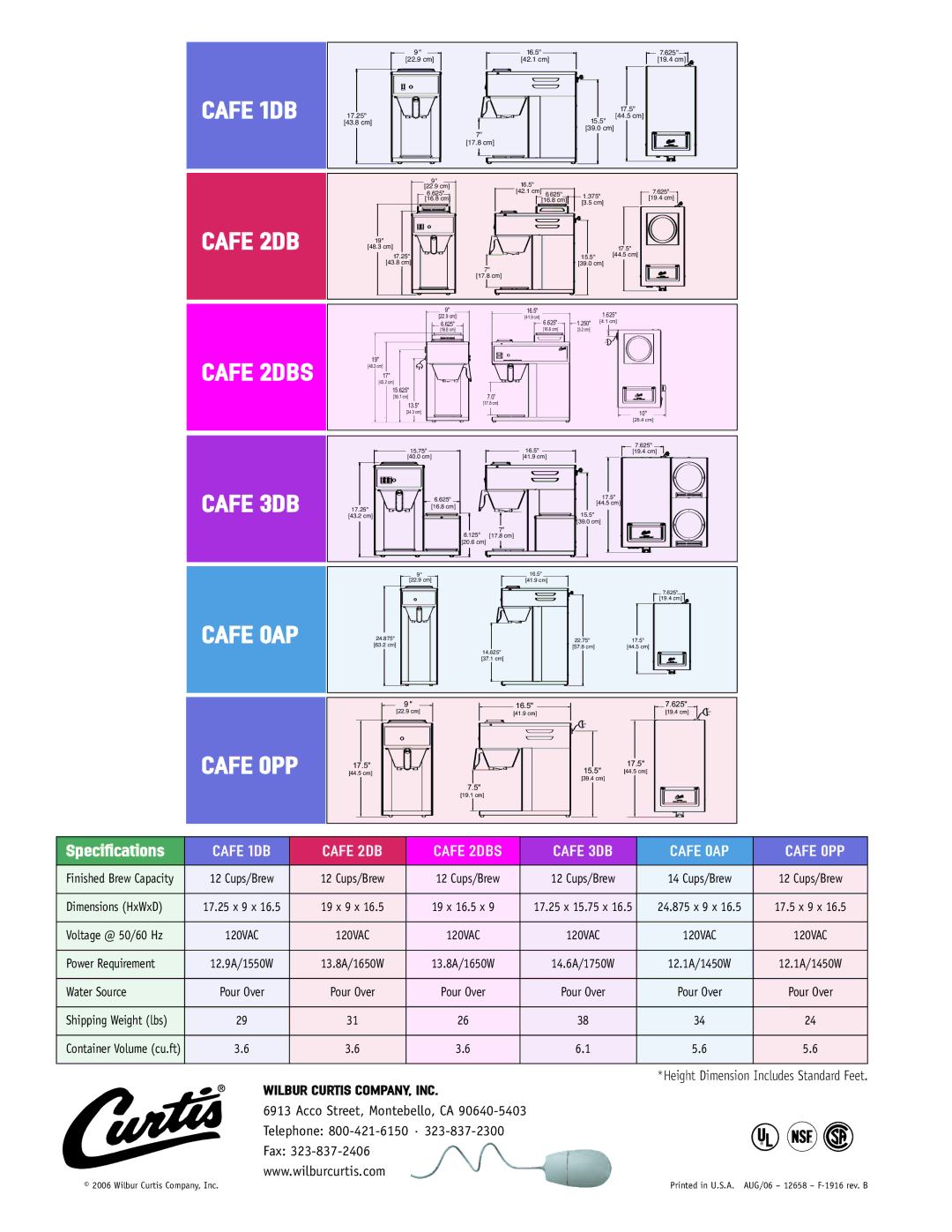 Wibur Curtis Company CAFE 0PP, CAFE 0AP, CAFE 2DB, CAFE 3DB Cafe 0PP, Cafe 1DB Cafe 2DB, Cafe 3DB Cafe 0AP, Specifications 