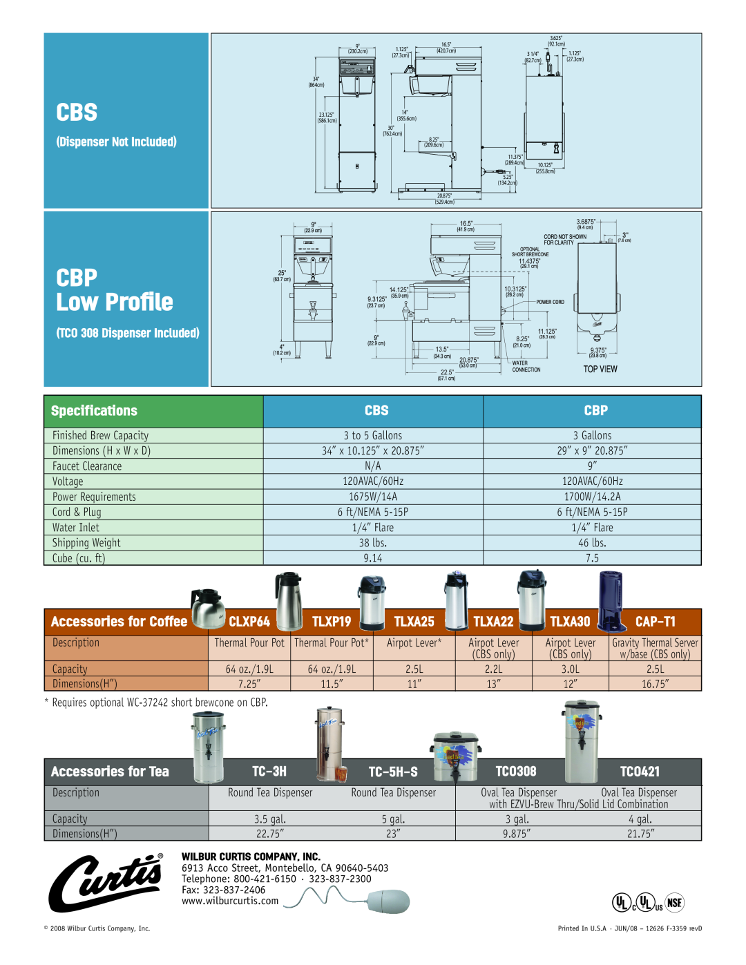 Wibur Curtis Company CBP Low Profile, Specifications, CLXP64, TLXP19, TLXA25, TLXA22, TLXA30, CAP-T1, TC-3H, TC-5H-S 