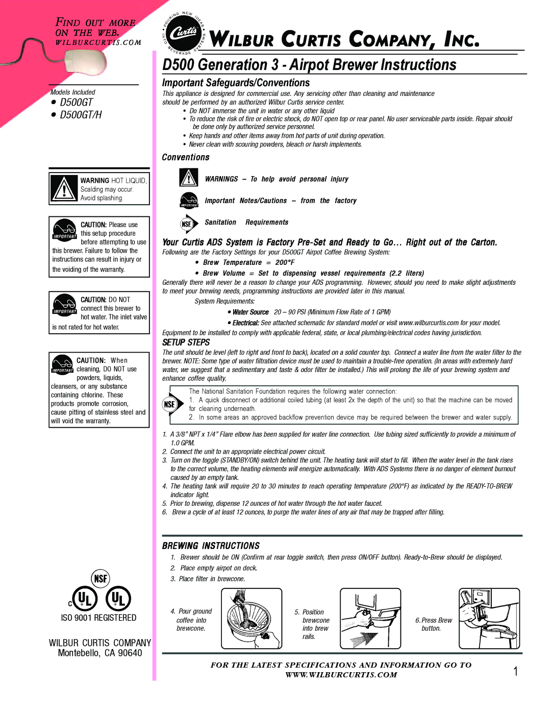 Wibur Curtis Company specifications D500GT D500GT/H, Important Safeguards/Conventions 