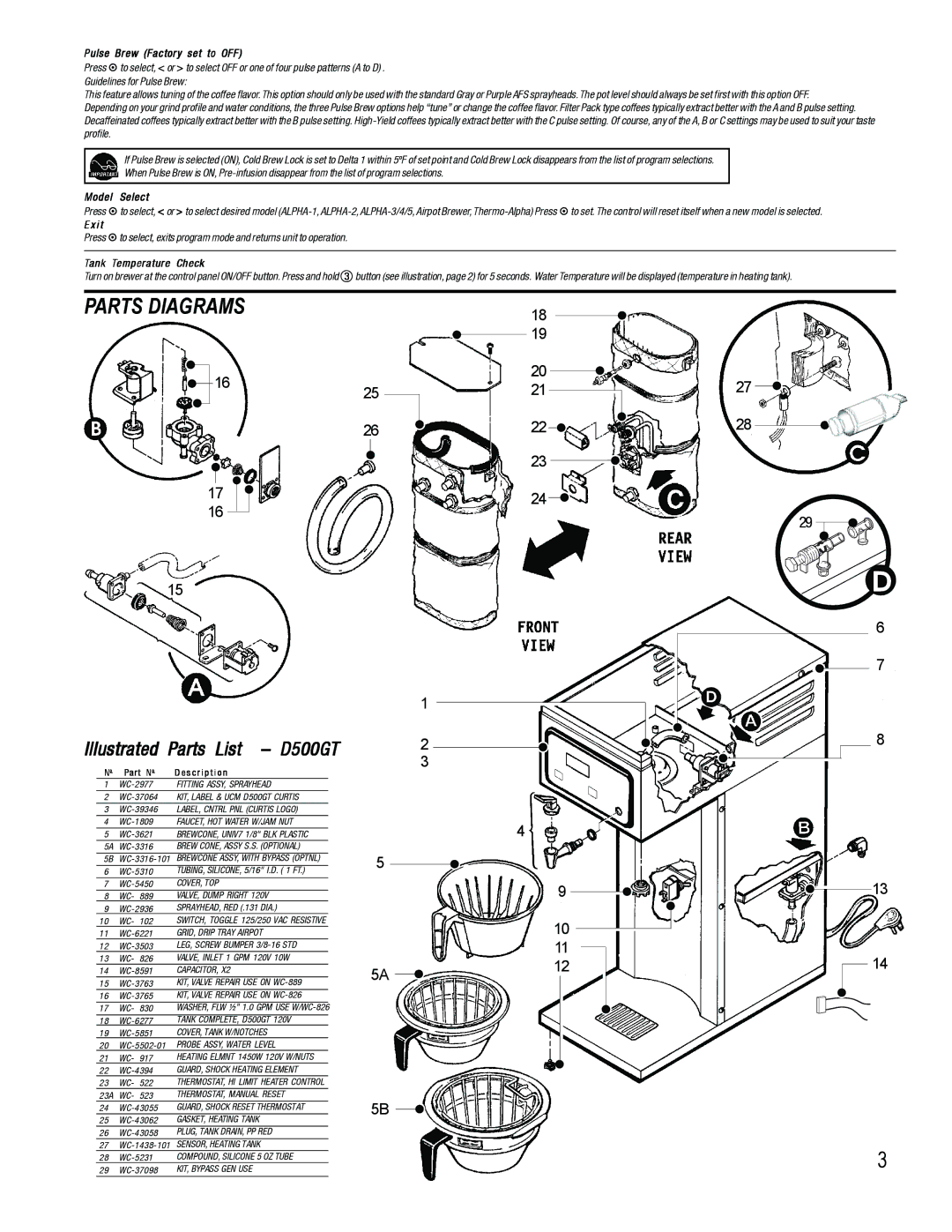 Wibur Curtis Company specifications Parts Diagrams, Illustrated Parts List D500GT 