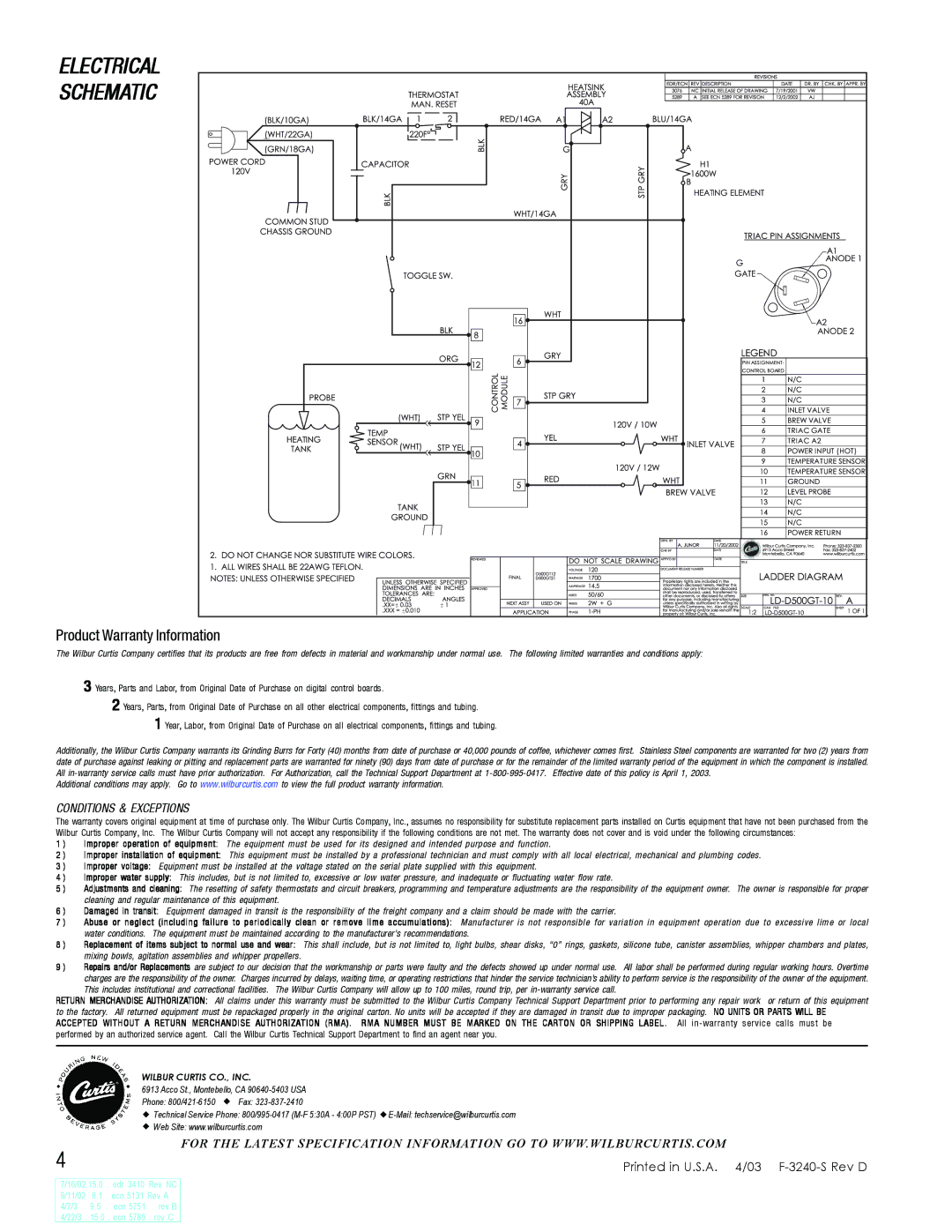 Wibur Curtis Company D500GT specifications Electrical 