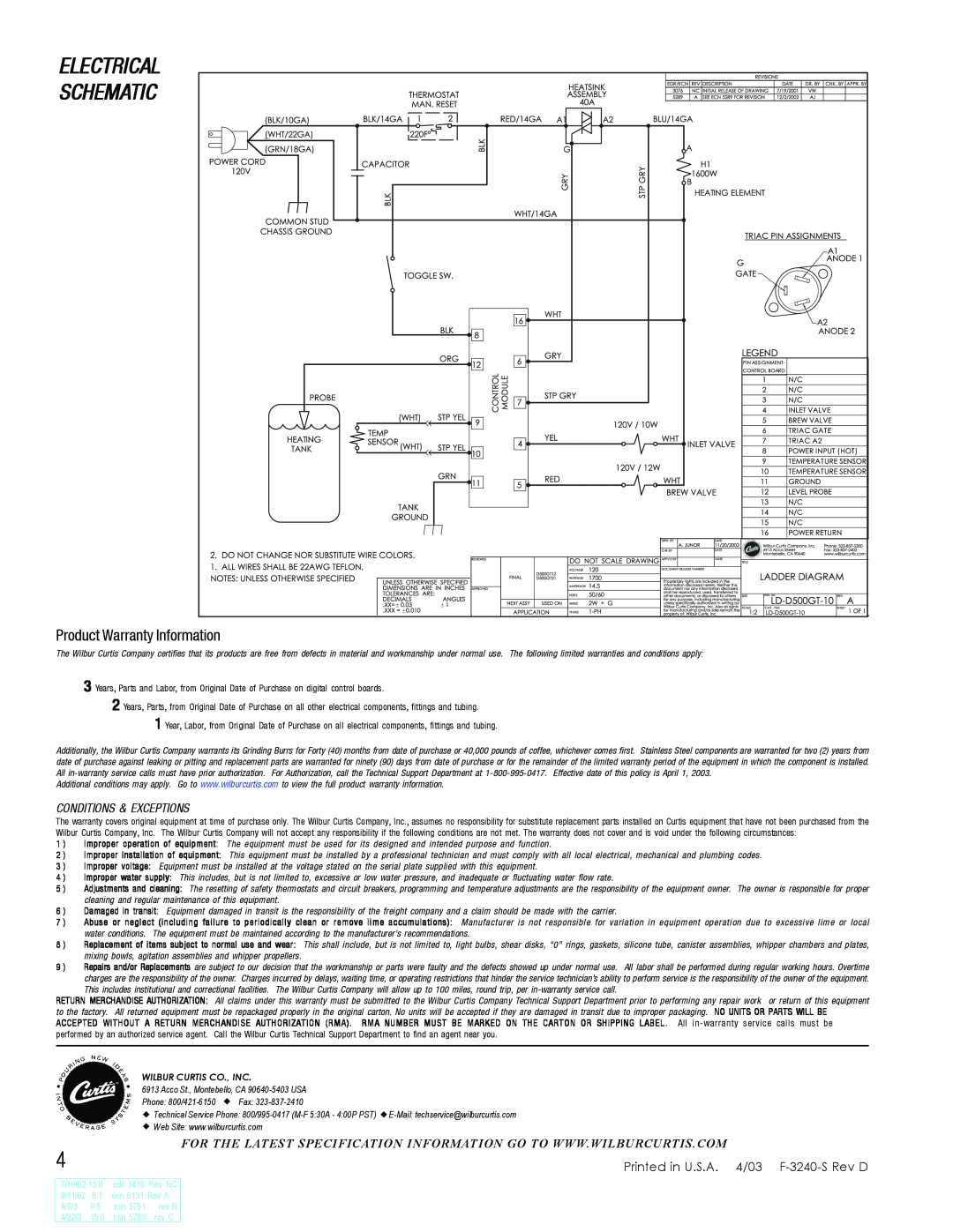 Wibur Curtis Company D500GT Product Warranty Information, Printed in U.S.A. 4/03 F-3240-S Rev D, Electrical, Schematic 