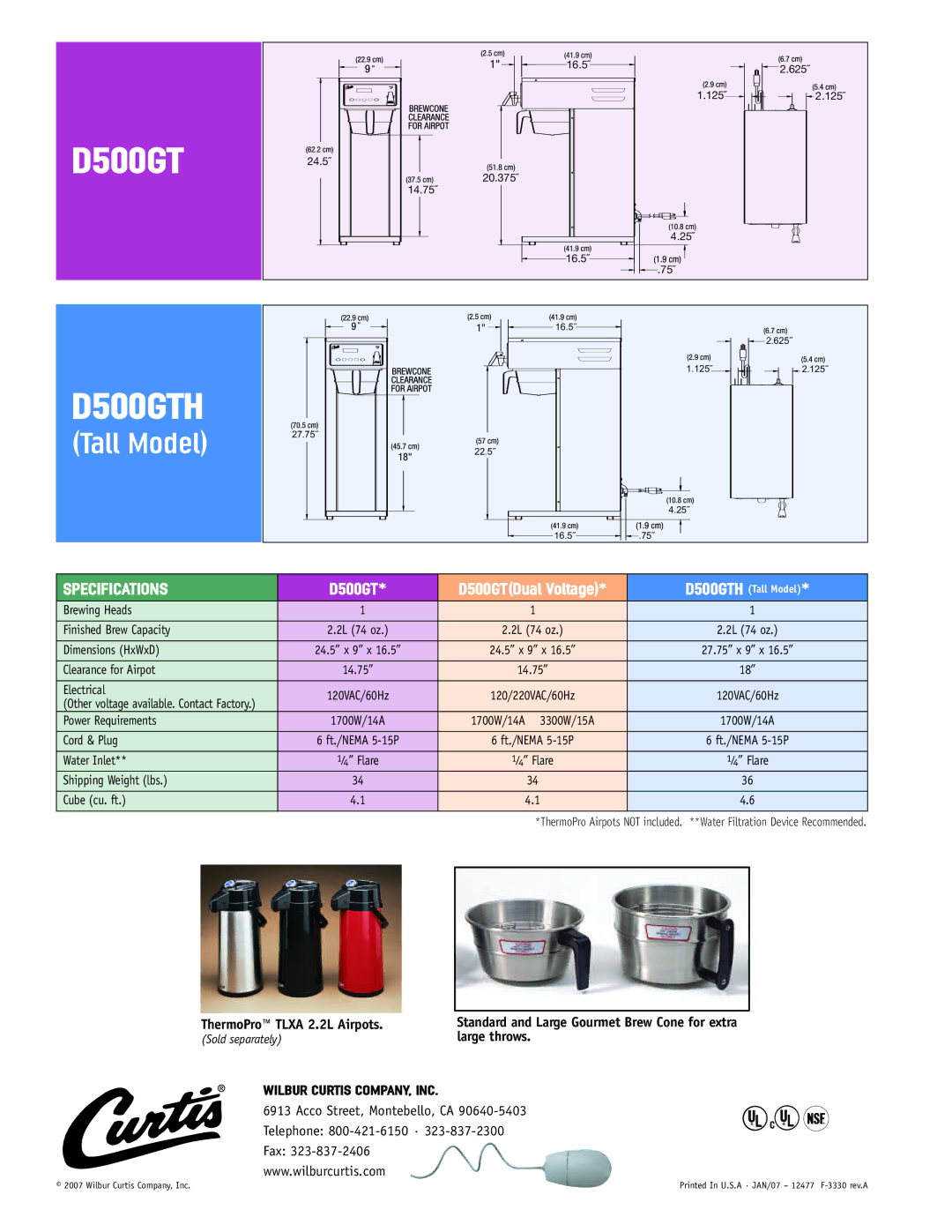 Wibur Curtis Company D500GTH warranty Tall Model, Specifications, D500GTDual Voltage 