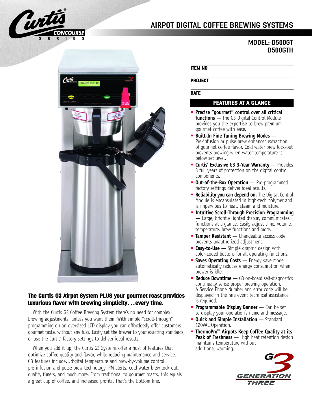 Wibur Curtis Company warranty MODEL D500GT D500GTH, Airpot Digital Coffee Brewing Systems, Features At A Glance 