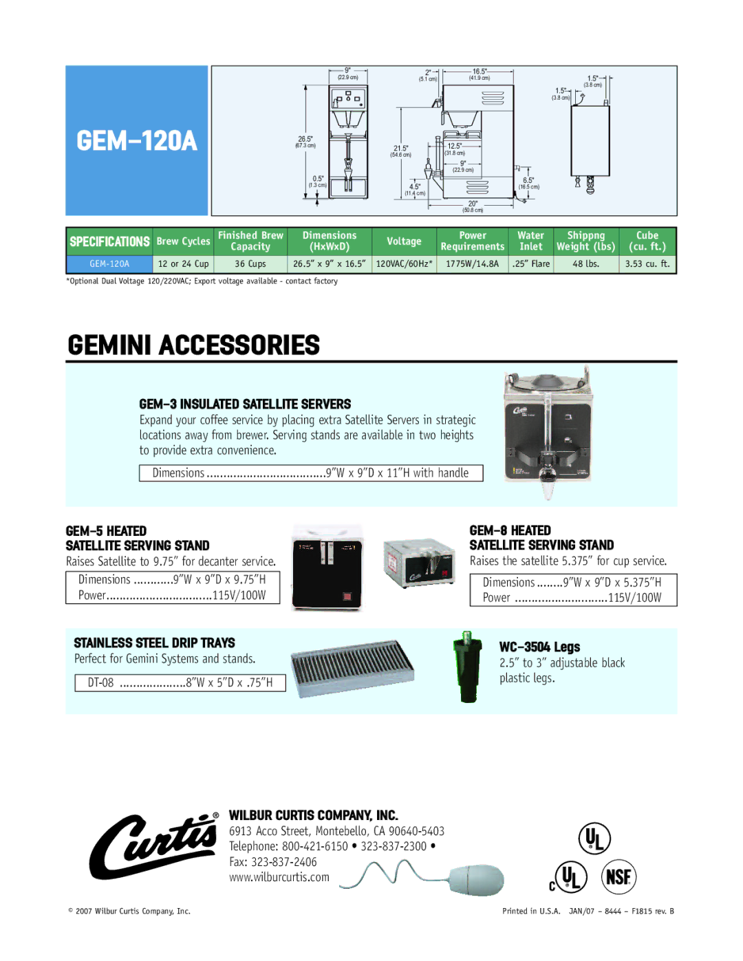 Wibur Curtis Company GEM-120A manual GEM-3 Insulated Satellite Servers, GEM-5 Heated Satellite Serving Stand 