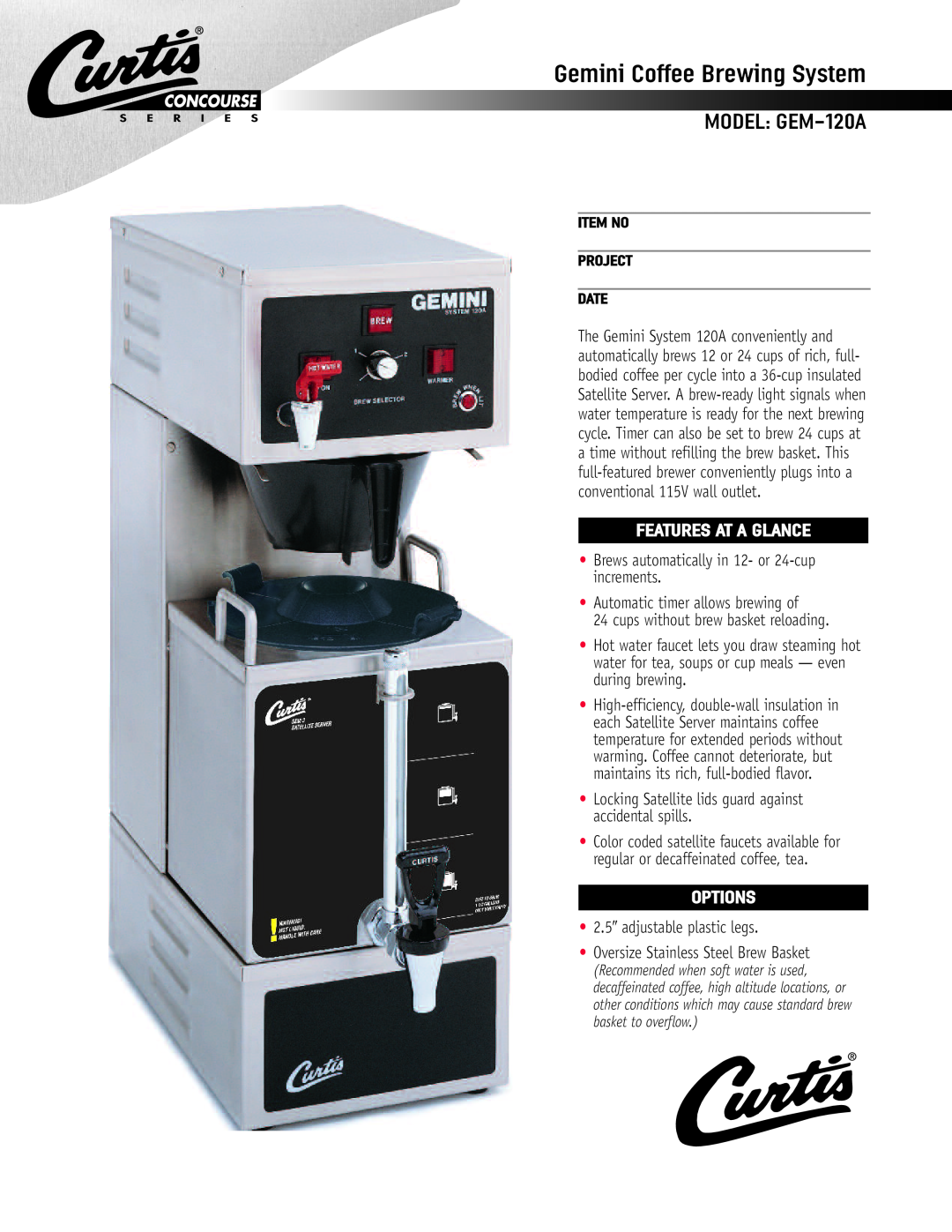 Wibur Curtis Company manual Gemini Coffee Brewing System, MODEL GEM-120A, Features At A Glance, Options 