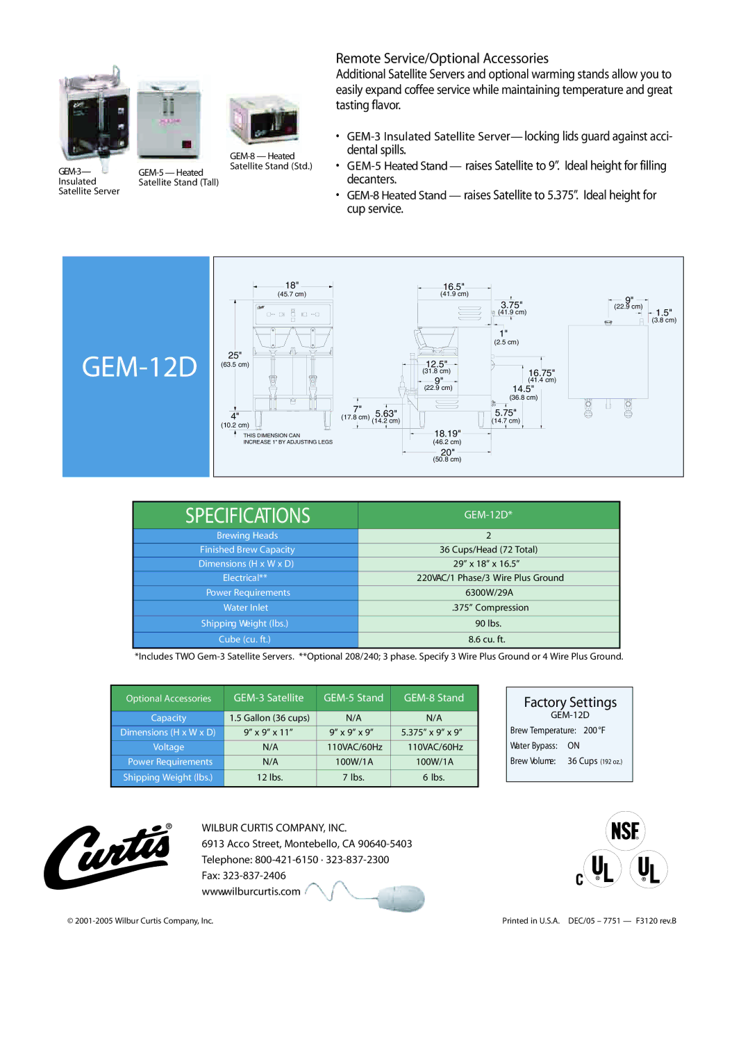 Wibur Curtis Company GEM-12D Remote Service/Optional Accessories, Factory Settings, Dental spills, Decanters, Cup service 