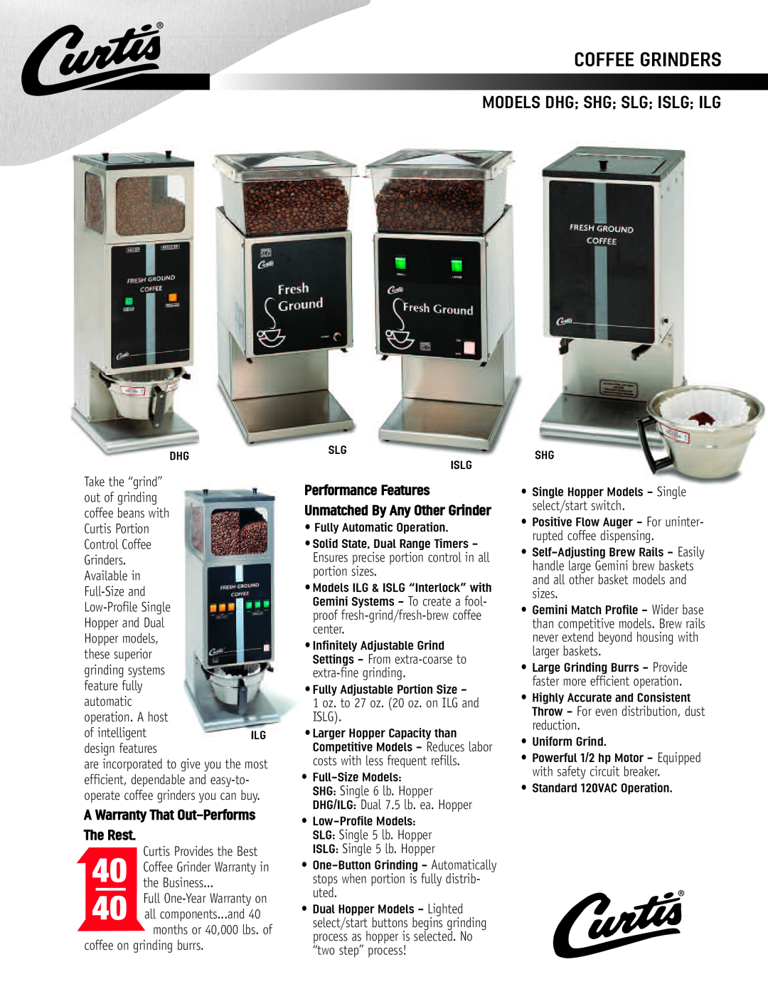 Wibur Curtis Company DHG, ILG warranty Coffee Grinders, Models Dhg Shg Slg Islg Ilg, A Warranty That Out-PerformsThe Rest 