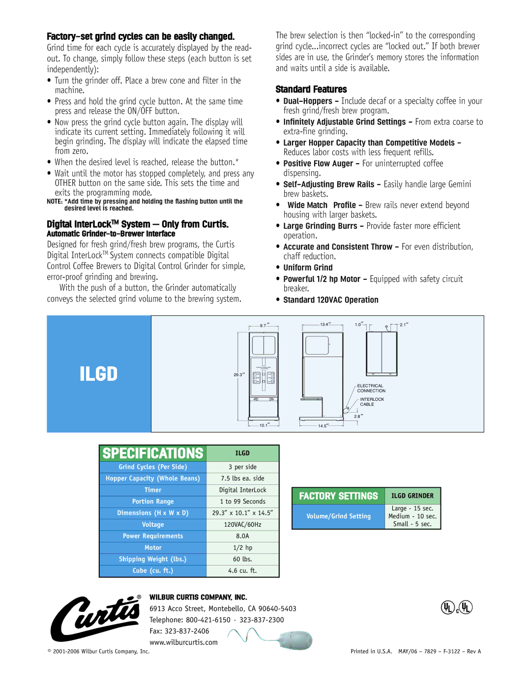 Wibur Curtis Company LIGD specifications Digital InterLockTM System Only from Curtis, Standard Features 