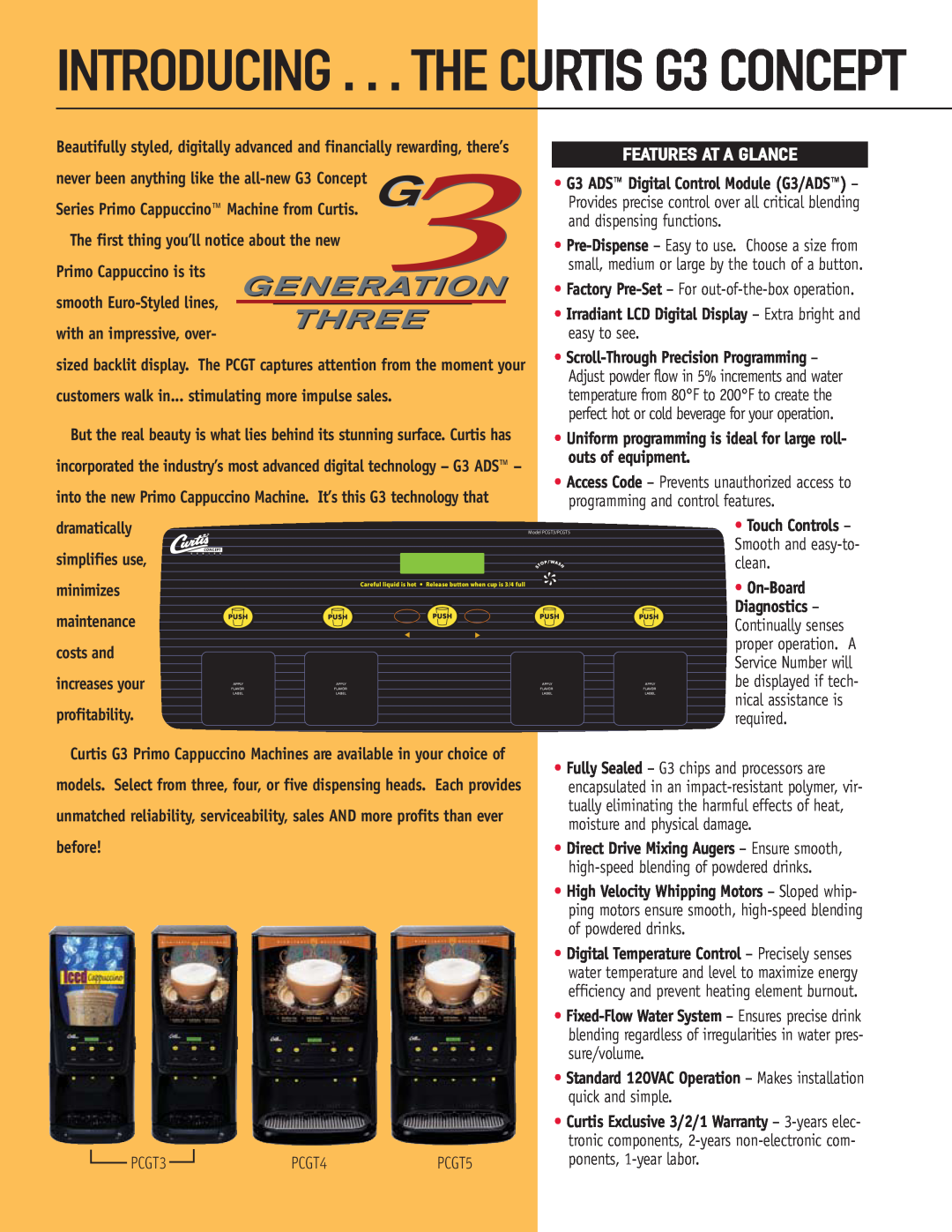 Wibur Curtis Company PCGT3, PCGT5, PCGT4 manual INTRODUCING . . . THE CURTIS G3 CONCEPT, Features At A Glance 