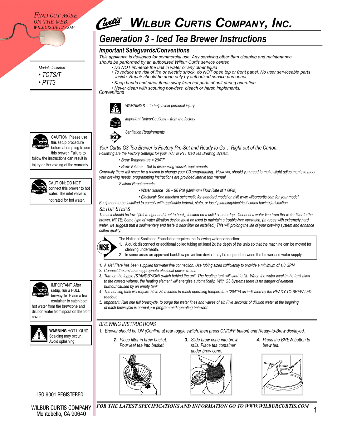 Wibur Curtis Company TCTS/T specifications Tcts/T, PTT3 