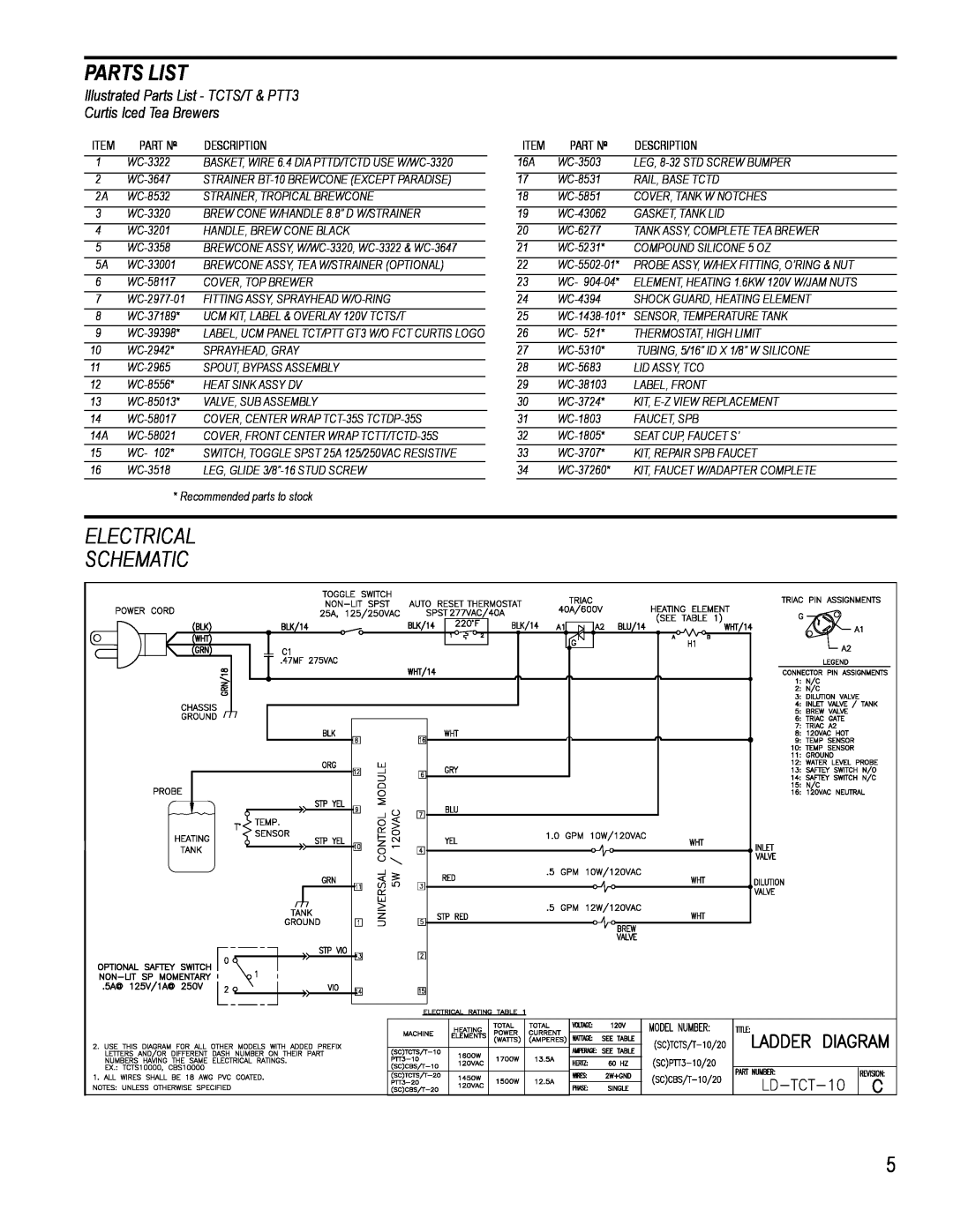 Wibur Curtis Company TCTS/T, PTT3 specifications Parts List, Electrical, Schematic 