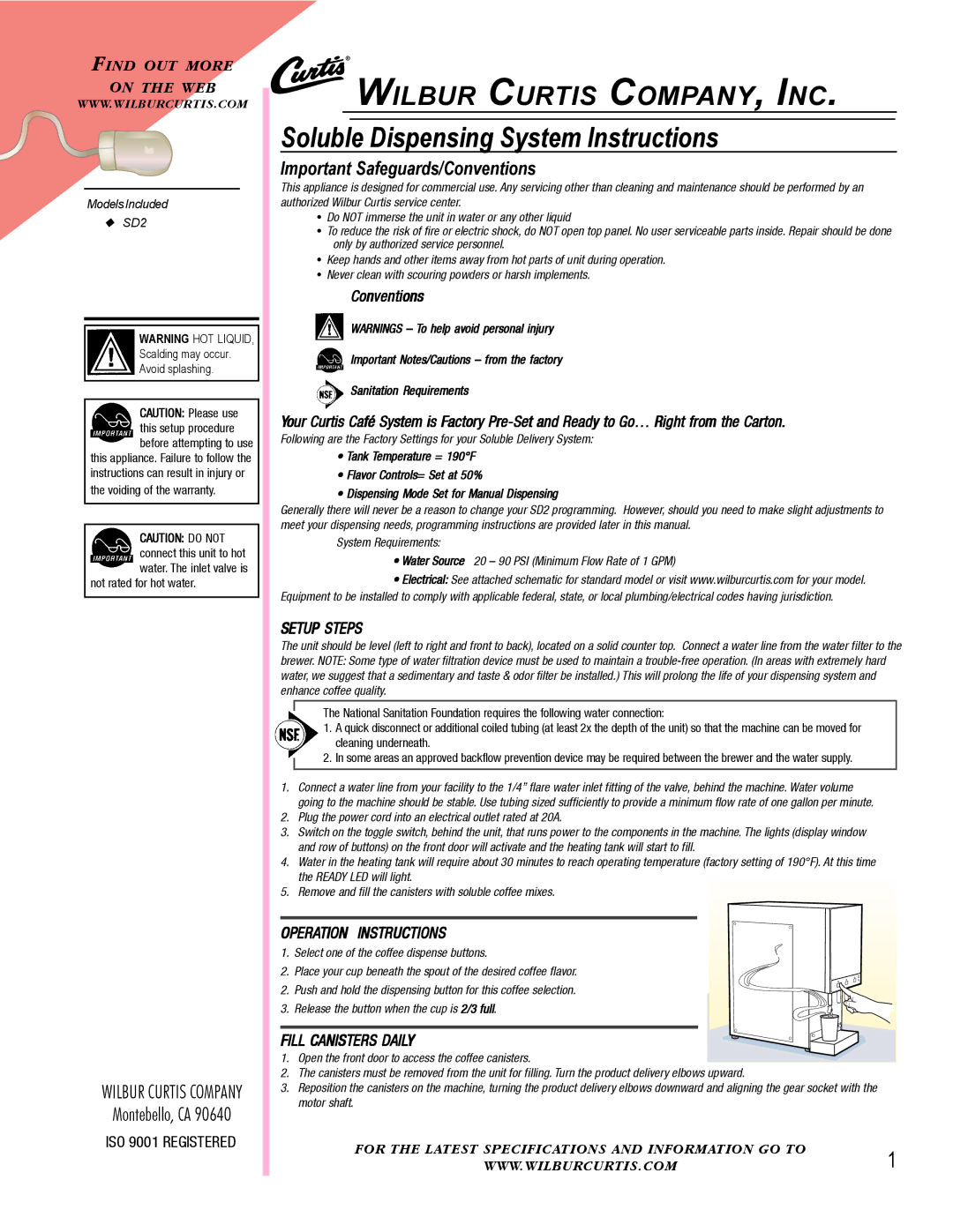 Wibur Curtis Company specifications Important Safeguards/Conventions, Models Included SD2 