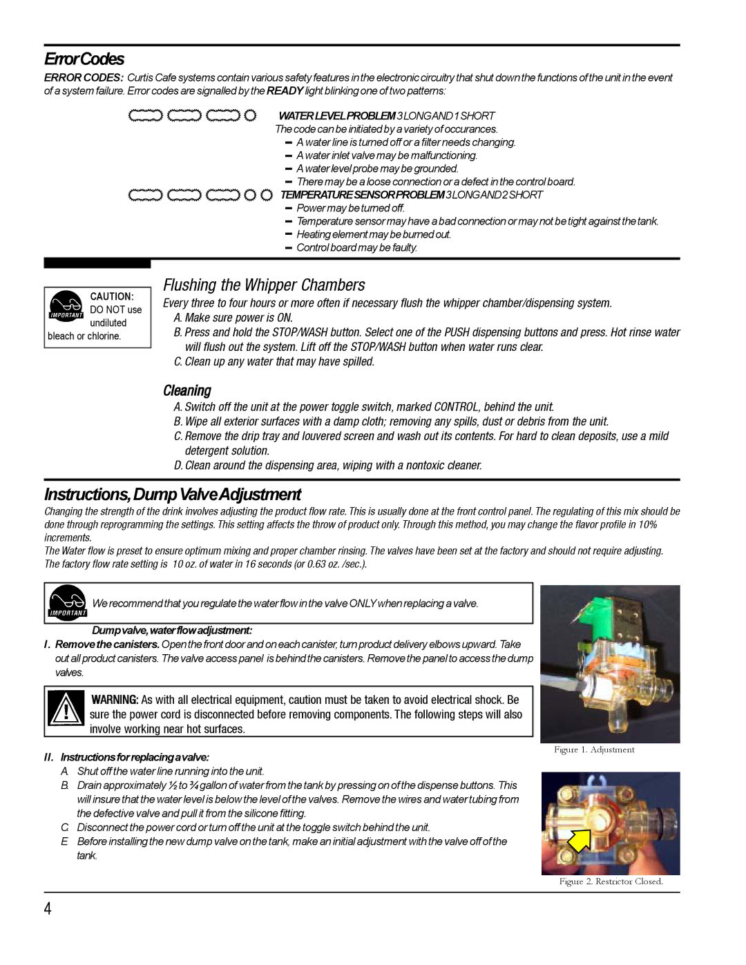 Wibur Curtis Company SD2 specifications ErrorCodes, Instructions,DumpValveAdjustment, Cleaning 