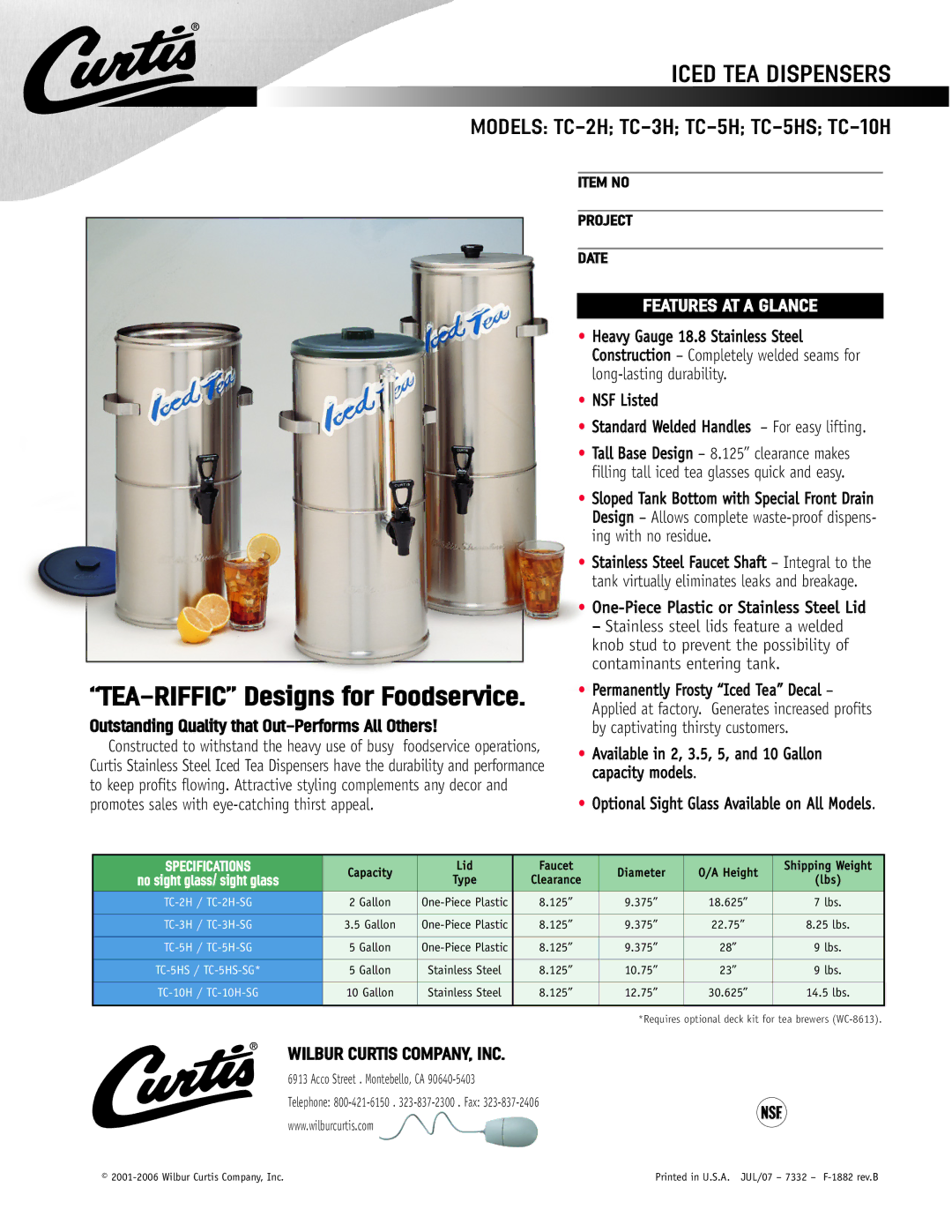 Wibur Curtis Company TC-2H, TC-3H, C-5HS, TC-5H specifications TEA-RIFFIC Designs for Foodservice, Features AT a Glance 