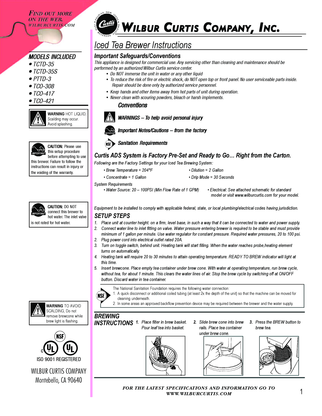 Wibur Curtis Company TCO-421, TCO-308, PTTD-3, TCO-417, TCTD-35S warranty Iced Tea Brewer Instructions 