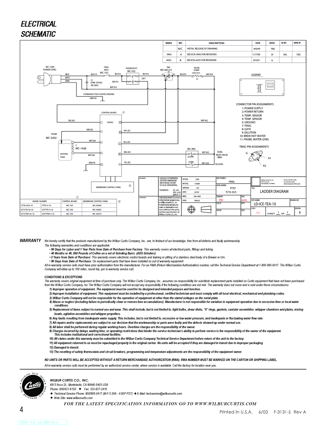 Wibur Curtis Company TCO-417, TCO-421, TCO-308, PTTD-3, TCTD-35S warranty Electrical Schematic, Conditions & Exceptions 