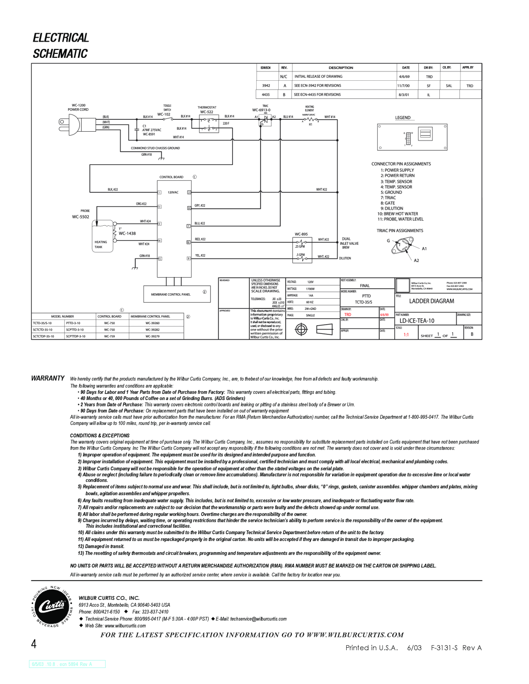 Wibur Curtis Company TCO-417, TCTD-35, TCO-421 Electrical Schematic, Wilbur Curtis Co., Inc, 6/5/03 .10.8 . ecn 5894 Rev A 