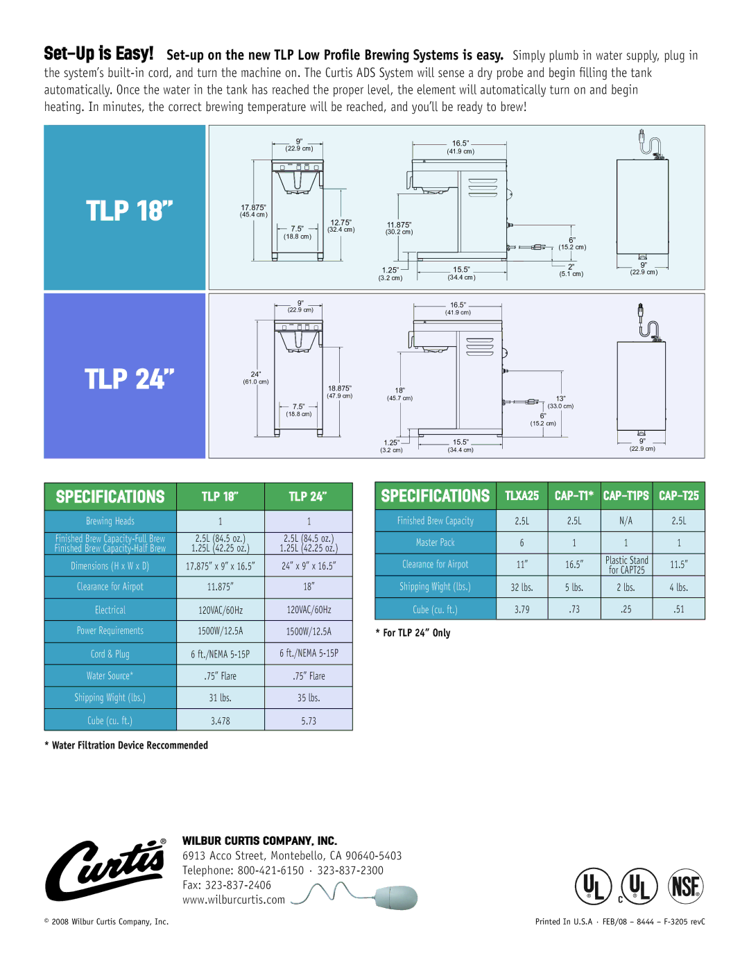 Wibur Curtis Company TLP manual Specifications, Tlp, TLXA25 CAP-T1, CAP-T25 