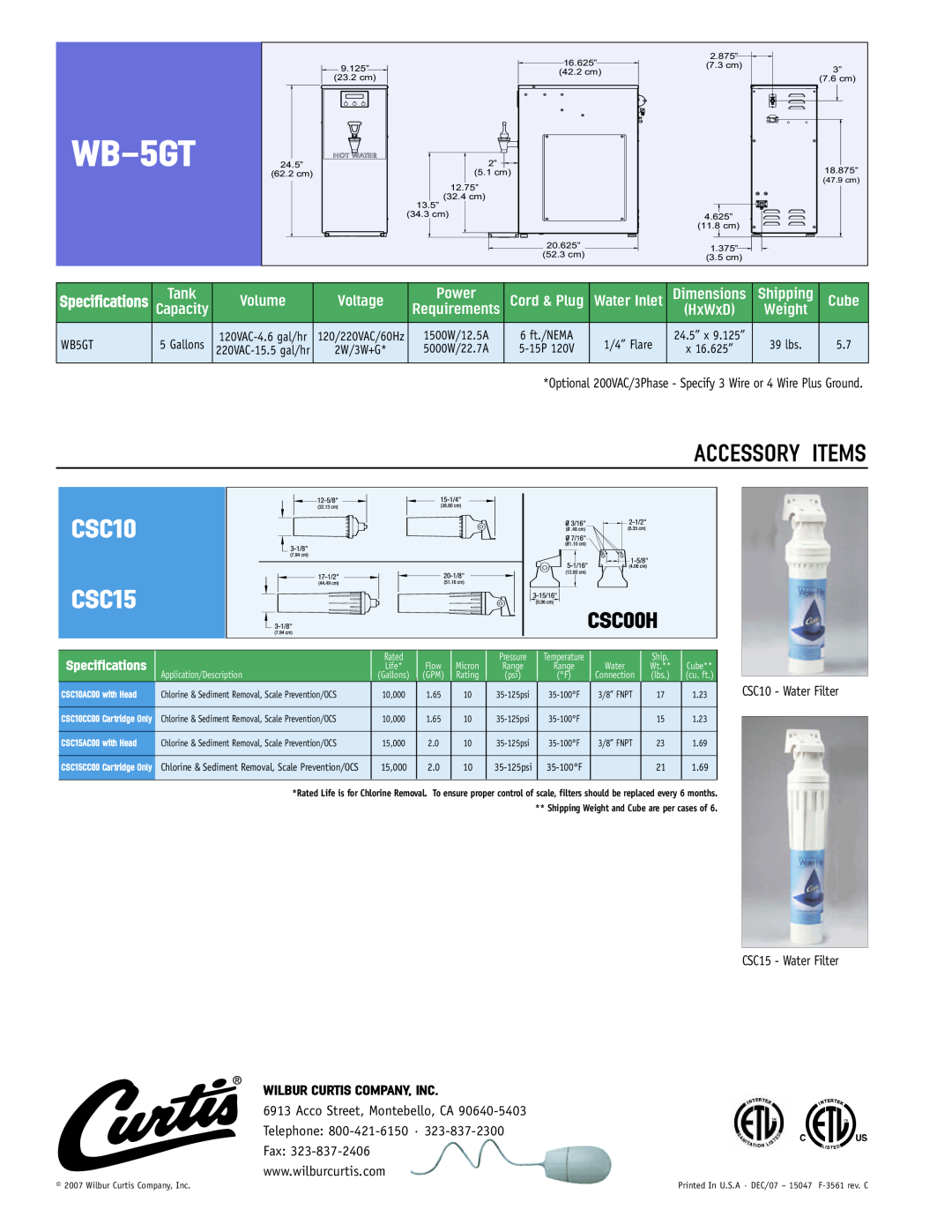 Wibur Curtis Company WB5GT WB-5GT, CSC10 CSC15, Accessory Items, CSC00H, Tank, Volume, Voltage, Power, Dimensions, Cube 