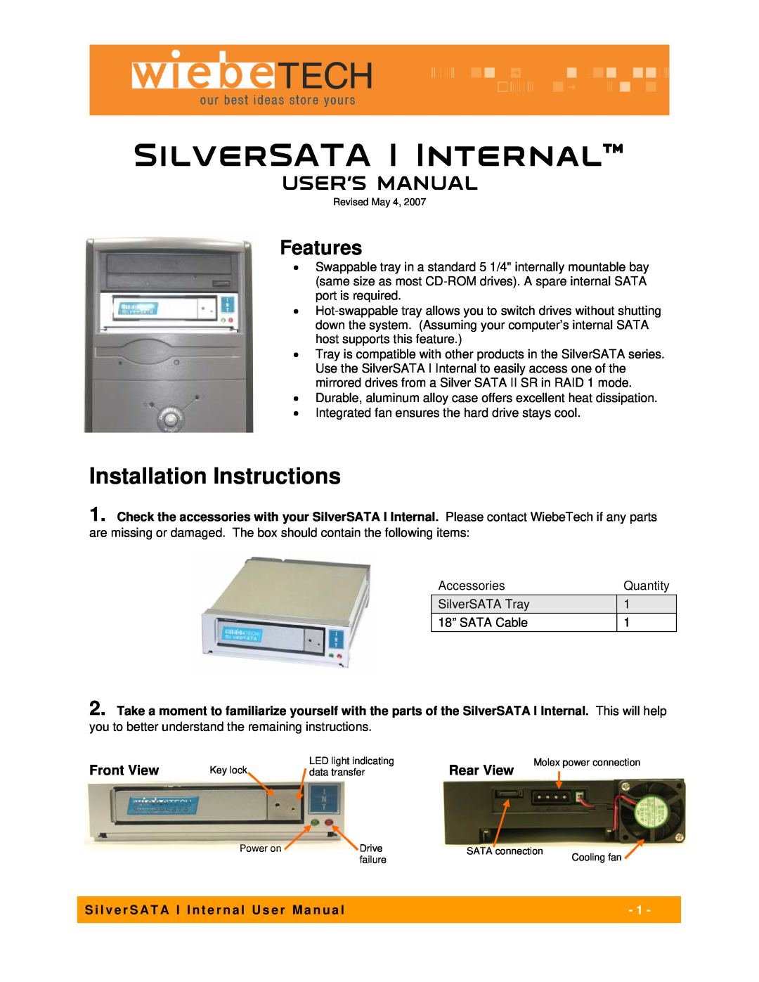 WiebeTech user manual Installation Instructions, SilverSATA I Internal, User’S Manual, Features 