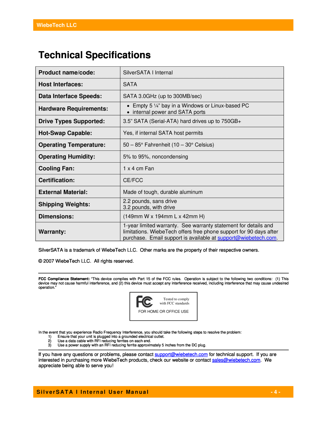 WiebeTech I user manual Technical Specifications 