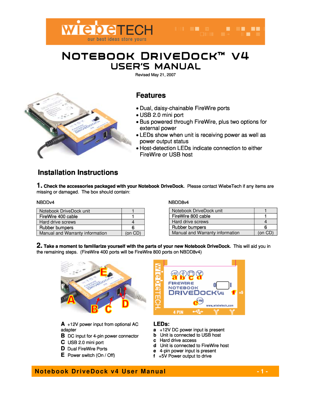 WiebeTech NBDDV4 user manual Features, Installation Instructions, Notebook DriveDock, LEDs 