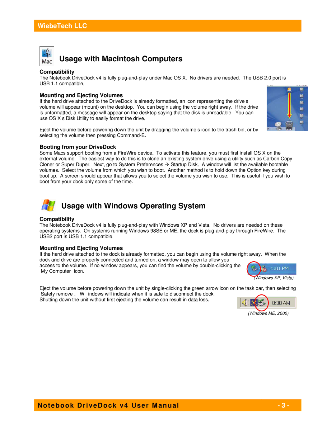 WiebeTech NBDDV4 user manual Usage with Macintosh Computers, Usage with Windows Operating System 