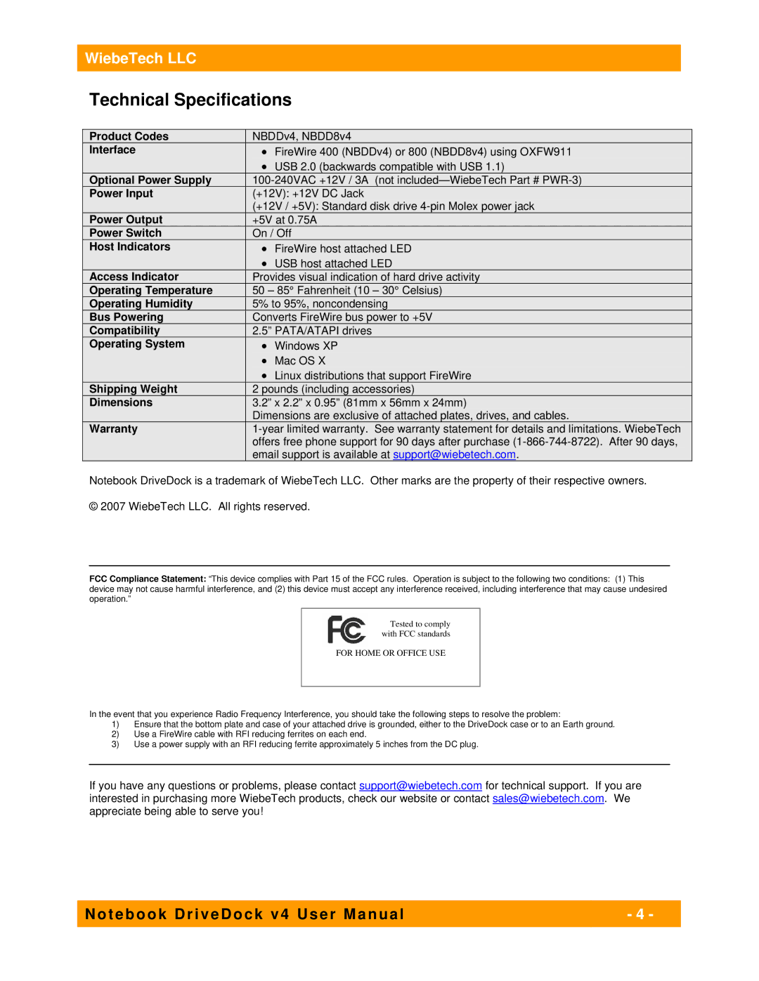 WiebeTech NBDDV4 user manual Technical Specifications 