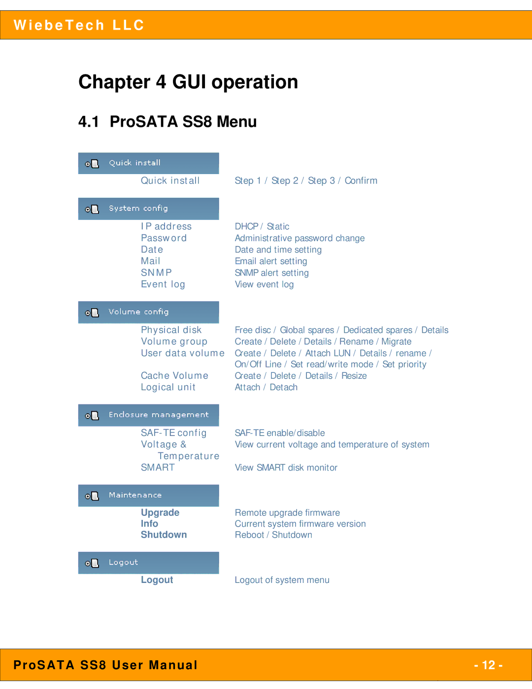 WiebeTech user manual GUI operation, ProSATA SS8 Menu 