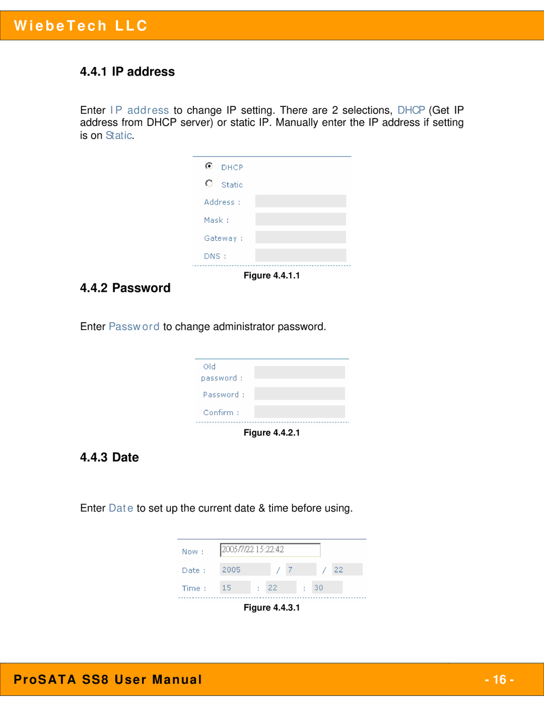 WiebeTech SS8 user manual IP address, Password, Date 