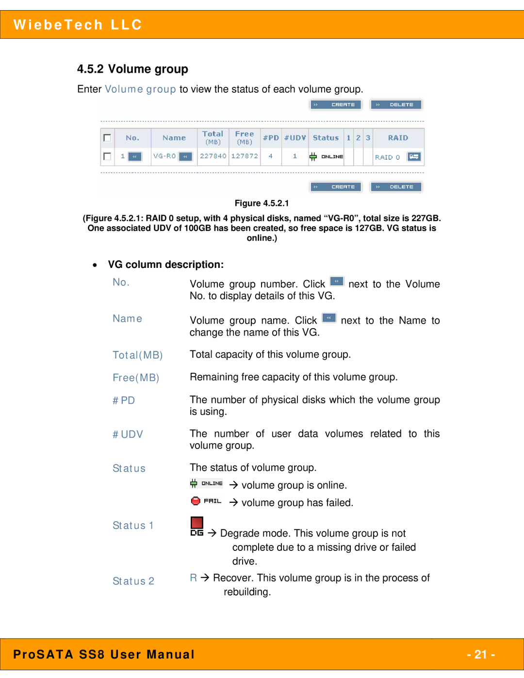 WiebeTech SS8 user manual Volume group, VG column description, Name, TotalMB FreeMB 