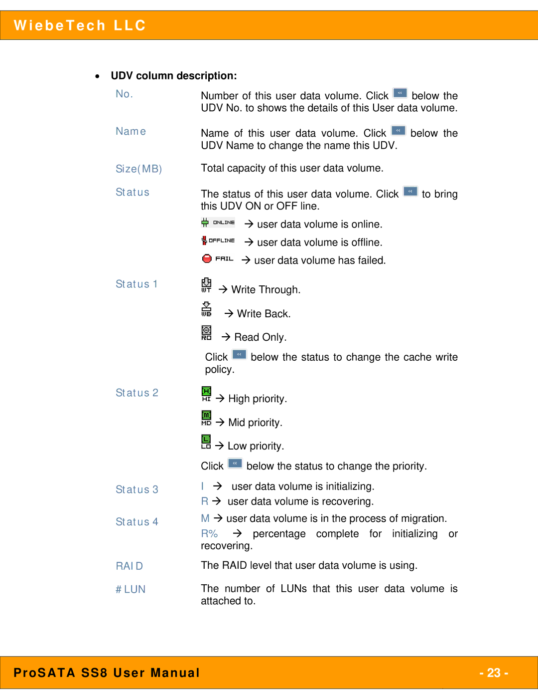 WiebeTech SS8 user manual UDV column description, SizeMB Status 