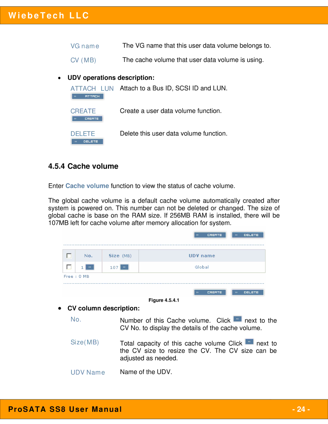 WiebeTech SS8 user manual Cache volume, UDV operations description, CV column description, SizeMB 