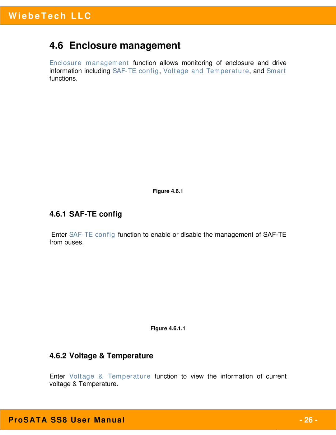 WiebeTech SS8 user manual Enclosure management, SAF-TE config, Voltage & Temperature 