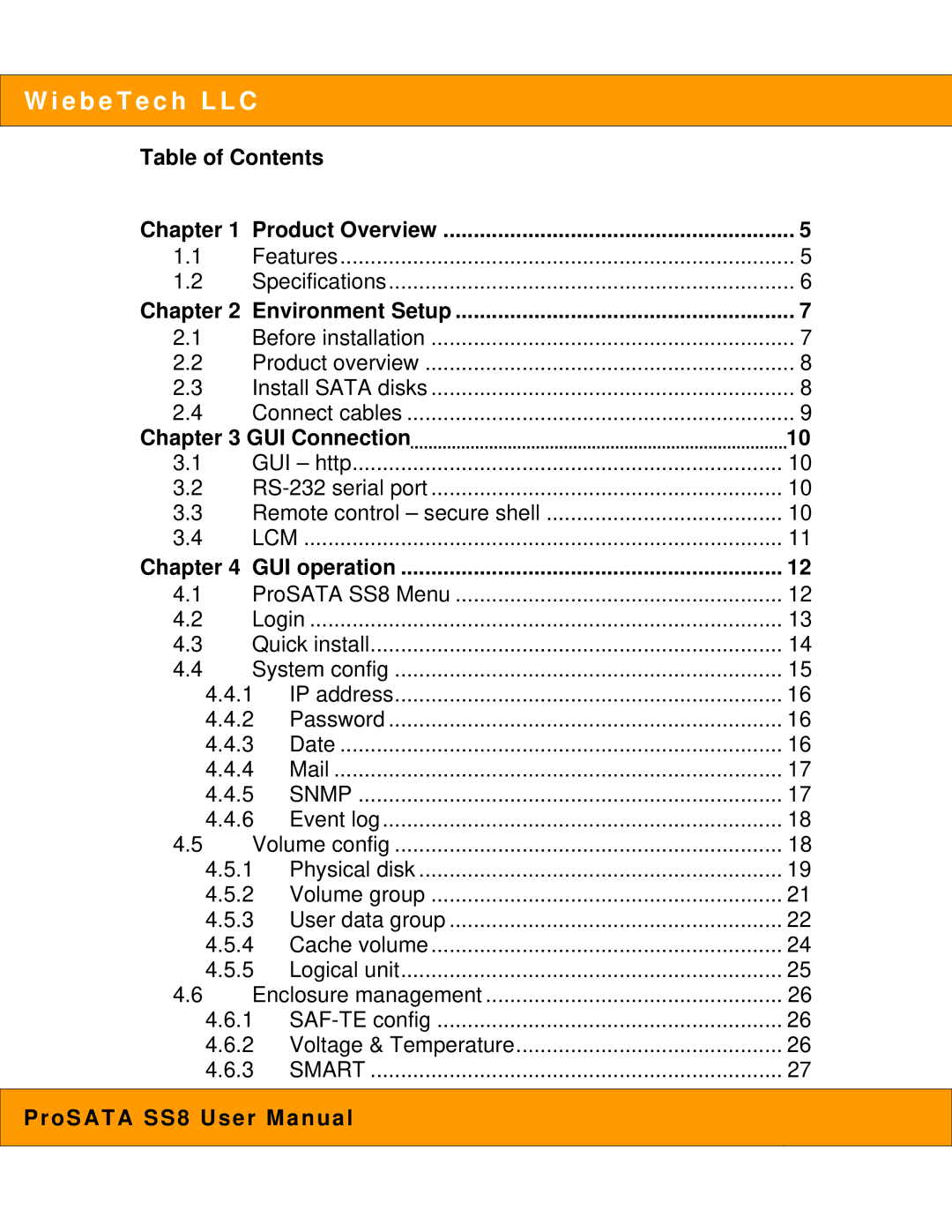 WiebeTech SS8 user manual Table of Contents, GUI Connection, GUI operation 