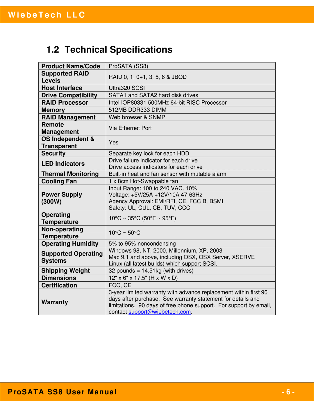 WiebeTech SS8 user manual Technical Specifications 