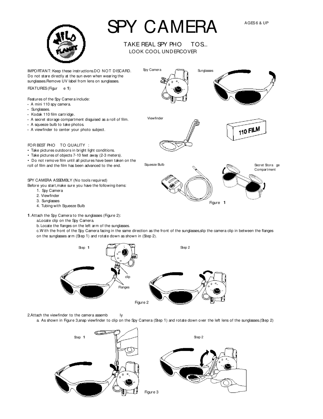 Wild Planet Webcam manual Features Figur e, For Best PHO to Quality, SPY Camera Assembly No tools required 